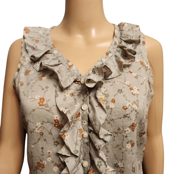 J Jill Floral Ruffle Sleeveless Button Down Blouse in Sage Green - Picture 2 of 13